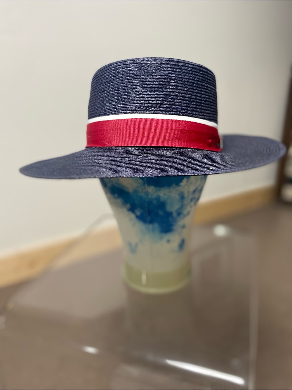 Navy GOORIN BROS size M Straw Boater with Red and White Ribbon Trim
